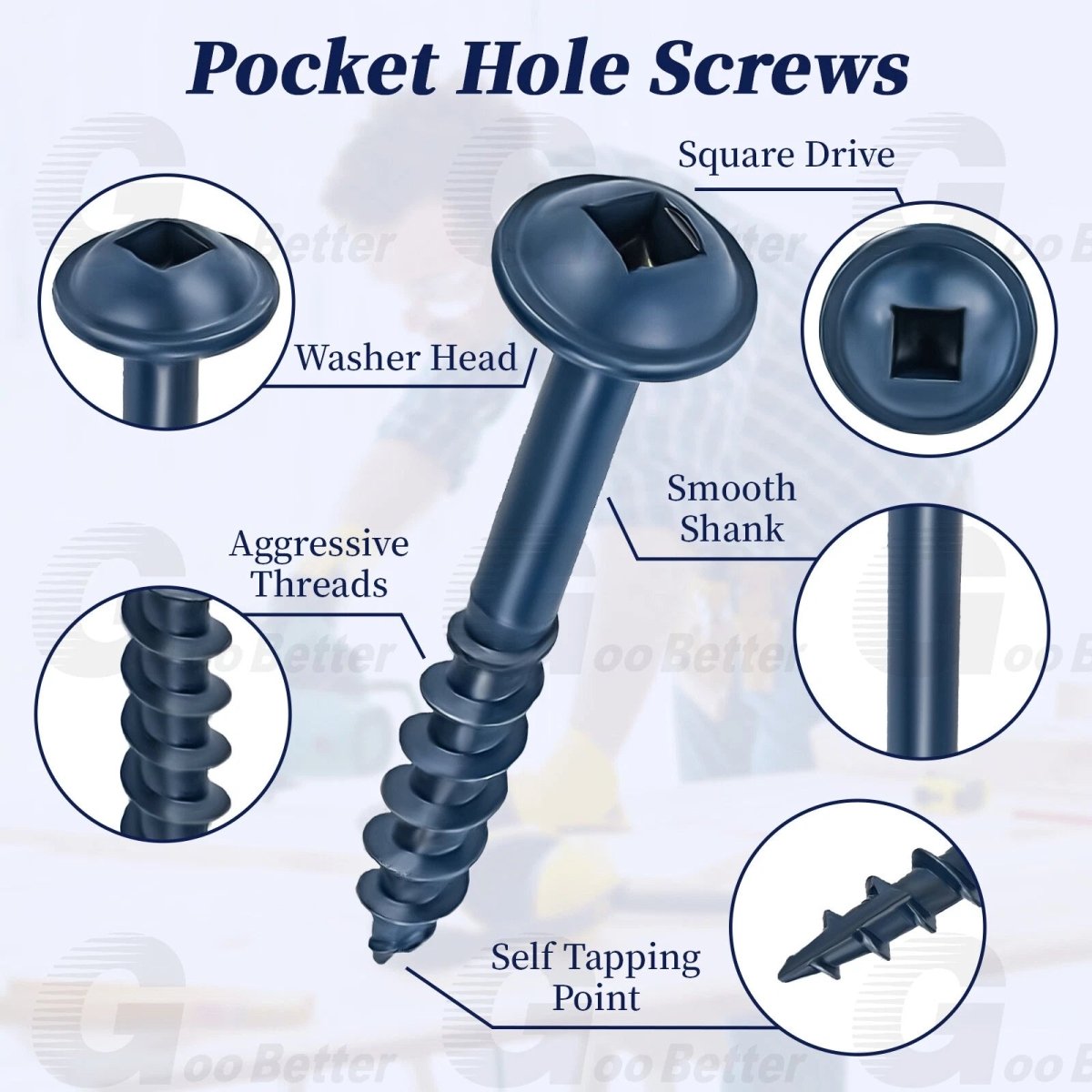 8 Pocket Hole Screws Exterior Pocket Screw Coarse Thread Square Drive Washer Head Blue Coated With 100MM Drive Bit - HomeDIYer