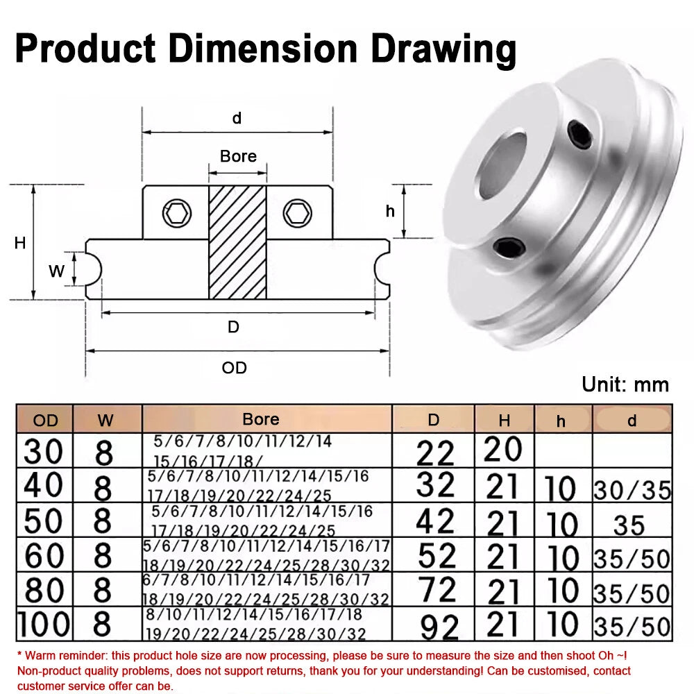 Aluminum U Pulley OD 30 40 50 60 80 100mm Single Groove PU Round Belts Pulleys