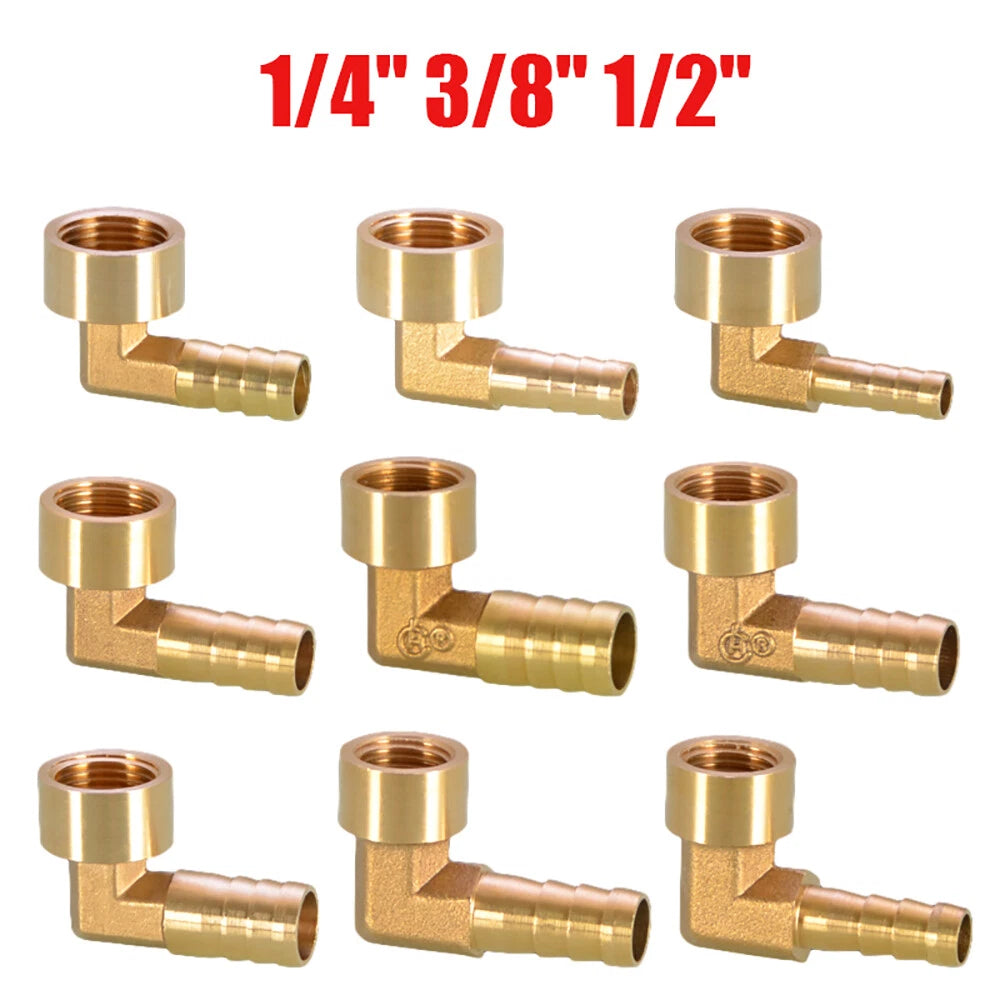 Brass 90° BSP Female Elbow with Barbed Hose Tail — 1/4", 3/8", 1/2" Pipe Fittings