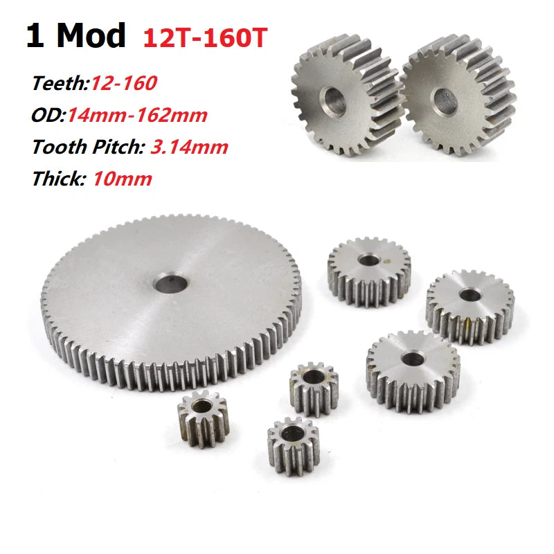 Flat Spur Gear Mod 1 Mod 2 C45 Steel 12 - 160 Tooth Motor Pinion Cogwheel Metal