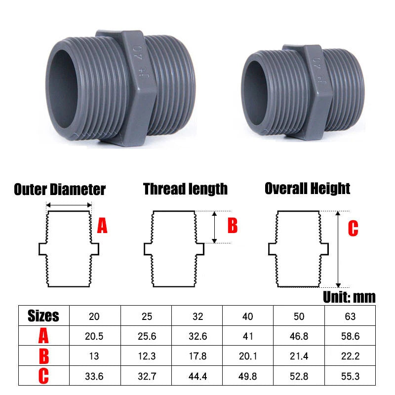 PVC Nipple Bsp Male Threaded Pressure Fittings Pipe Fitting ID 20mm~63mm Grey