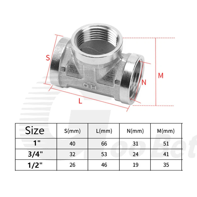 Stainless Steel Equal Tee BSP Pipe Fitting | 1/2" 3/4" 1" Female & Male Thread