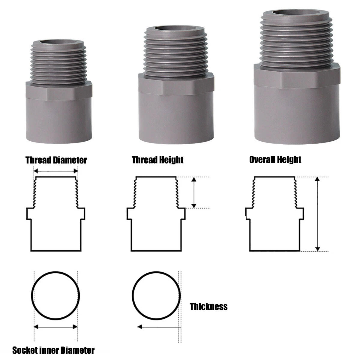 1 2" to 2" PVC Nipples Threaded Pipe Fittings Connector BSP Male Adapter Grey