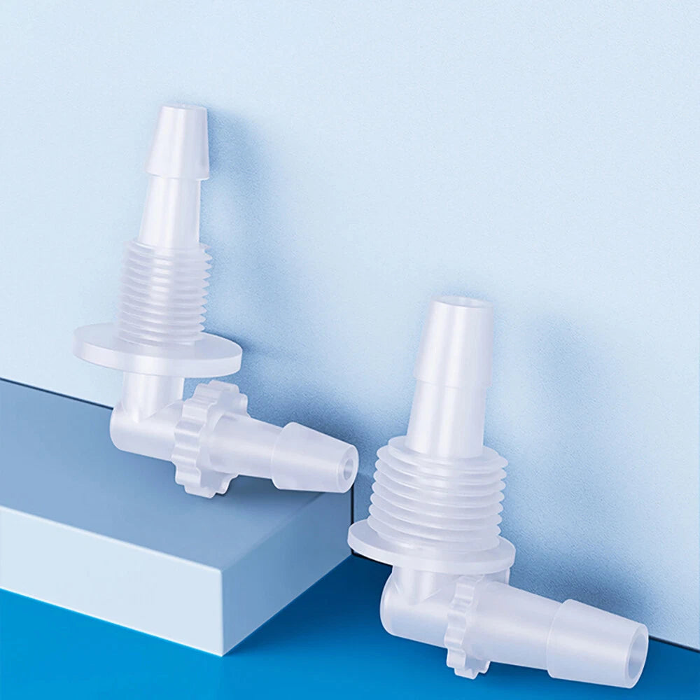 Bulkhead Elbow Barbed Hose Connector — Plastic Pipe Fitting with Thread Adapter, Nut & Gasket