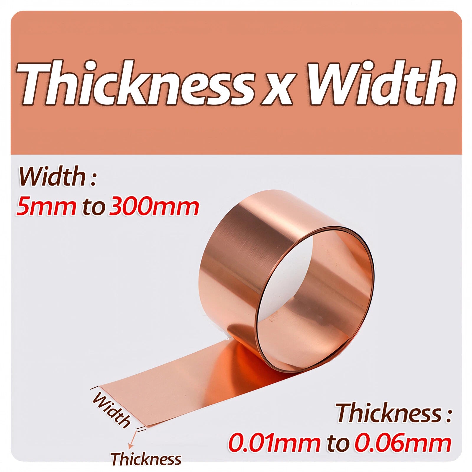 99.9% Copper Sheet Roll Metal Foil Plate 0.01mm-0.06mm Thick, 5mm-300mm Width