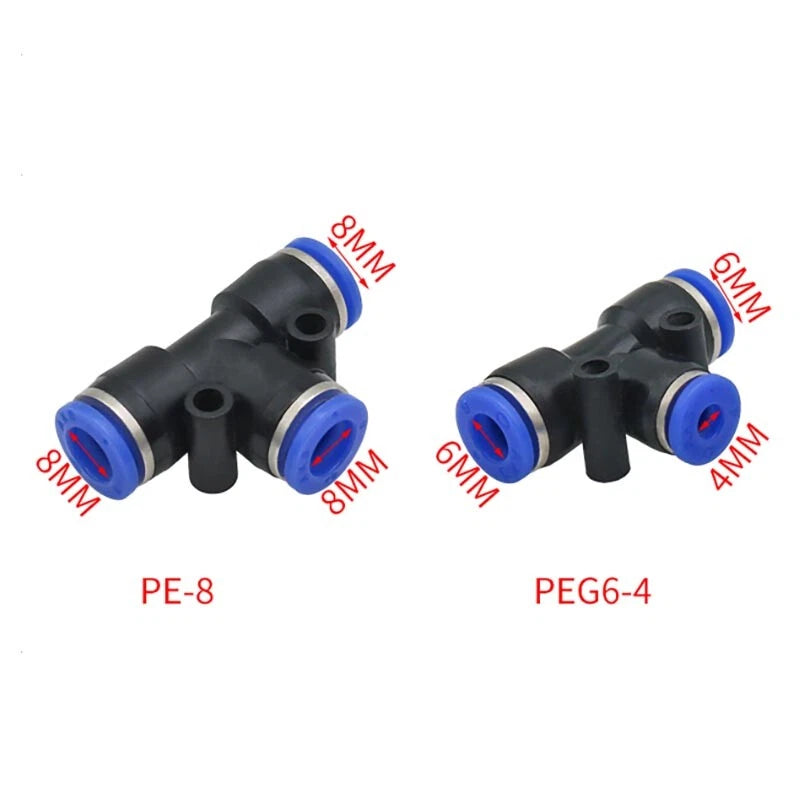 Pneumatic Push-in T-Shape 3-Way Fitting — Air Water Tube Connector PE4–PE16 & Reducing