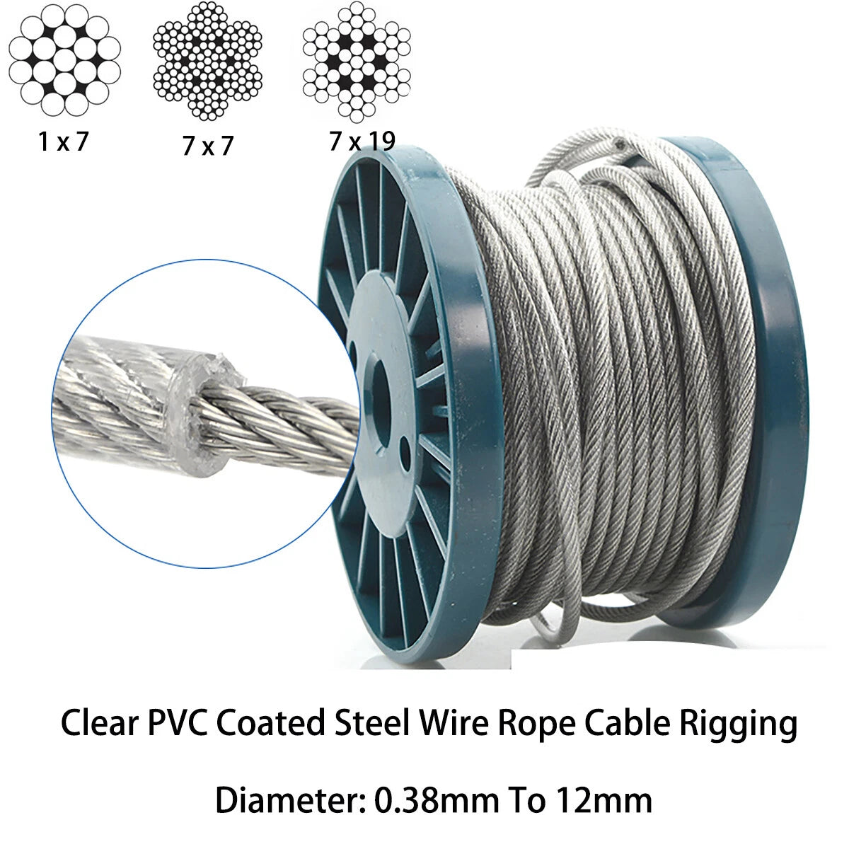 Clear PVC Coated Steel Wire Rope Metal Cable Rigging 0.38mm-12mm Heavy Duty