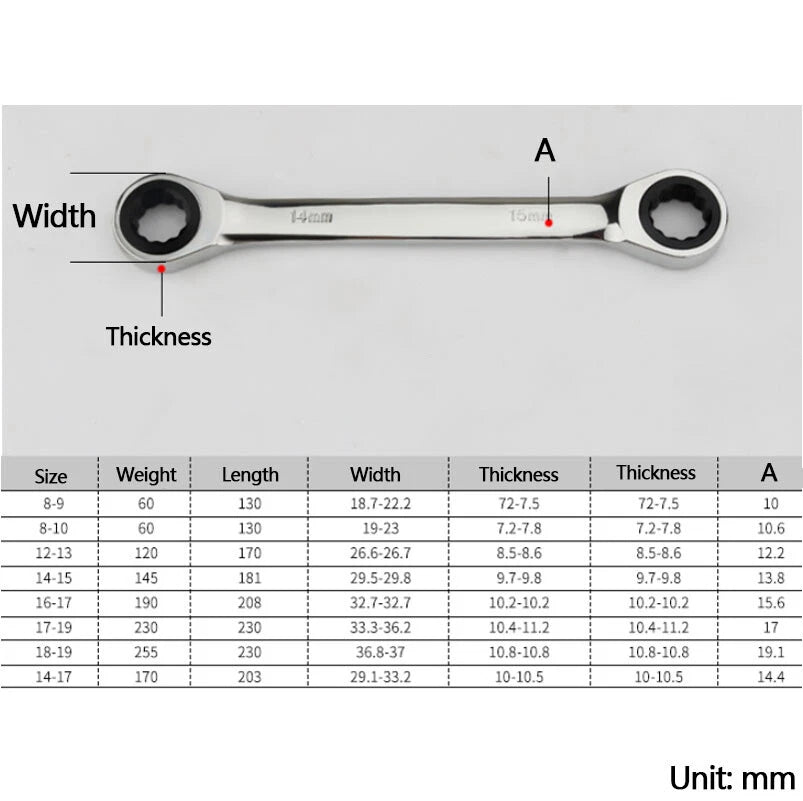 Ratchet Spanner Combination Double-End Metric Wrench Mirror Polished 6mm~24mm
