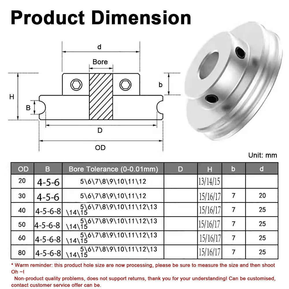 Alu U Pulley OD 20 30 40 50 60 80mm Single Groove Fixed Pulley for PU Round Belt