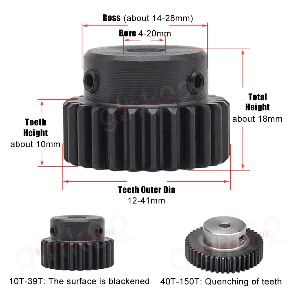 Mod1 Steel Pinion Gear Spur Gears 10-39 Teeth 4-20mm Bore With Screw Hardened