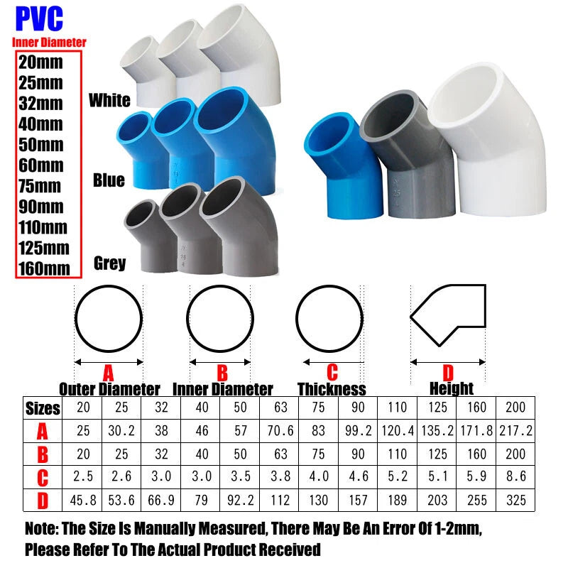 PVC Water Supply Pipe Fittings 45° Elbow Connector 20mm to 160mm White Blue Grey