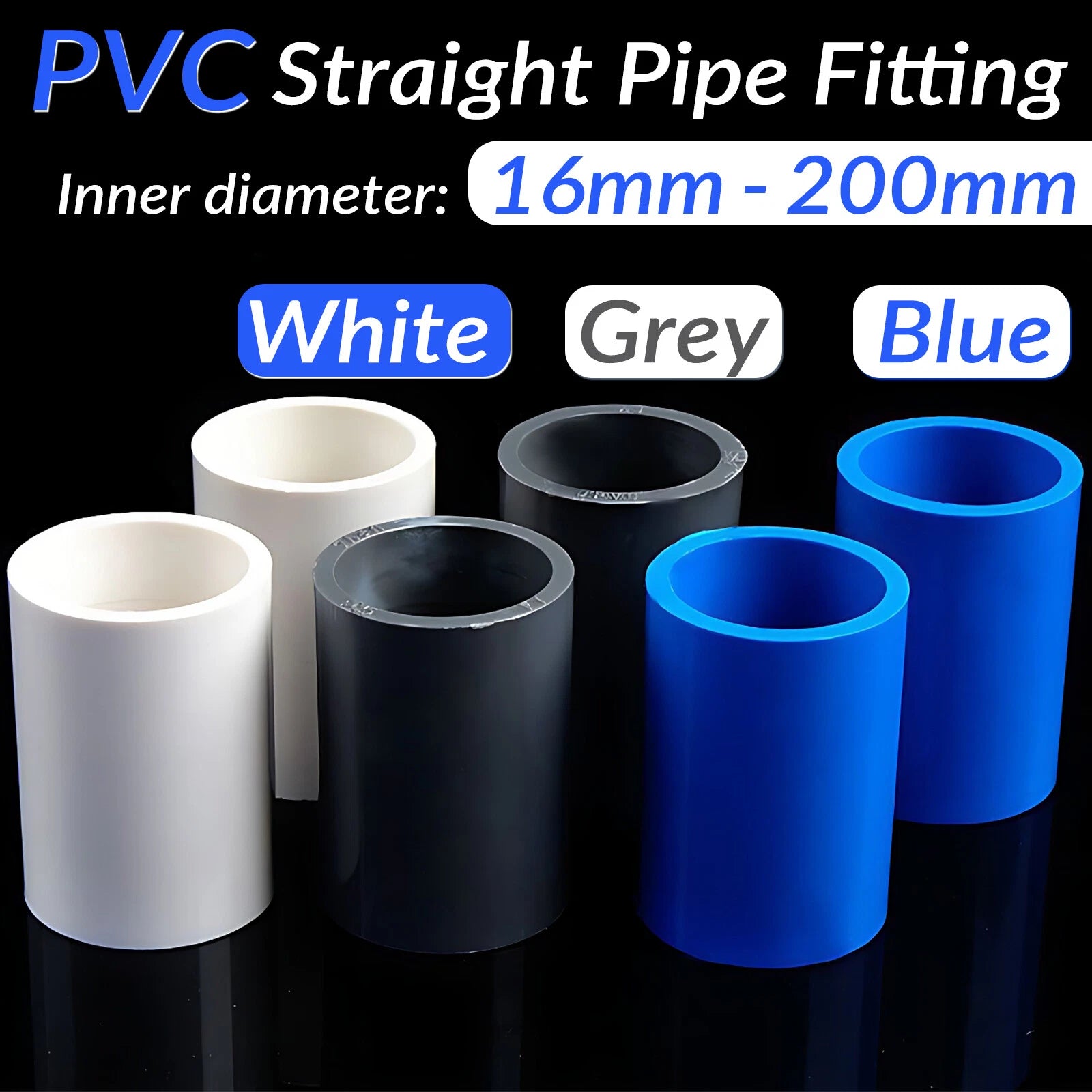 PVC Straight Pipe Coupling Socket — 16mm to 200mm, White / Blue / Grey