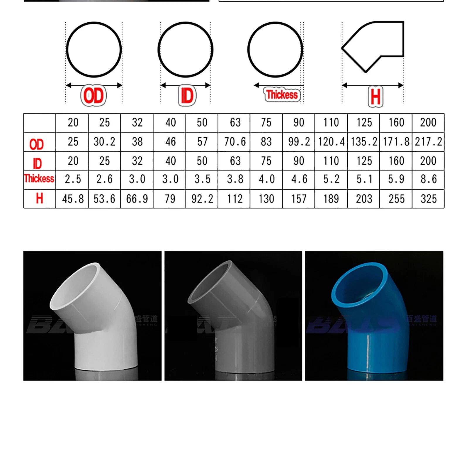 PVC Elbow 45 Degree Pressure Fittings Adhesive Water Pipe Fitting ID 20mm~ 125mm