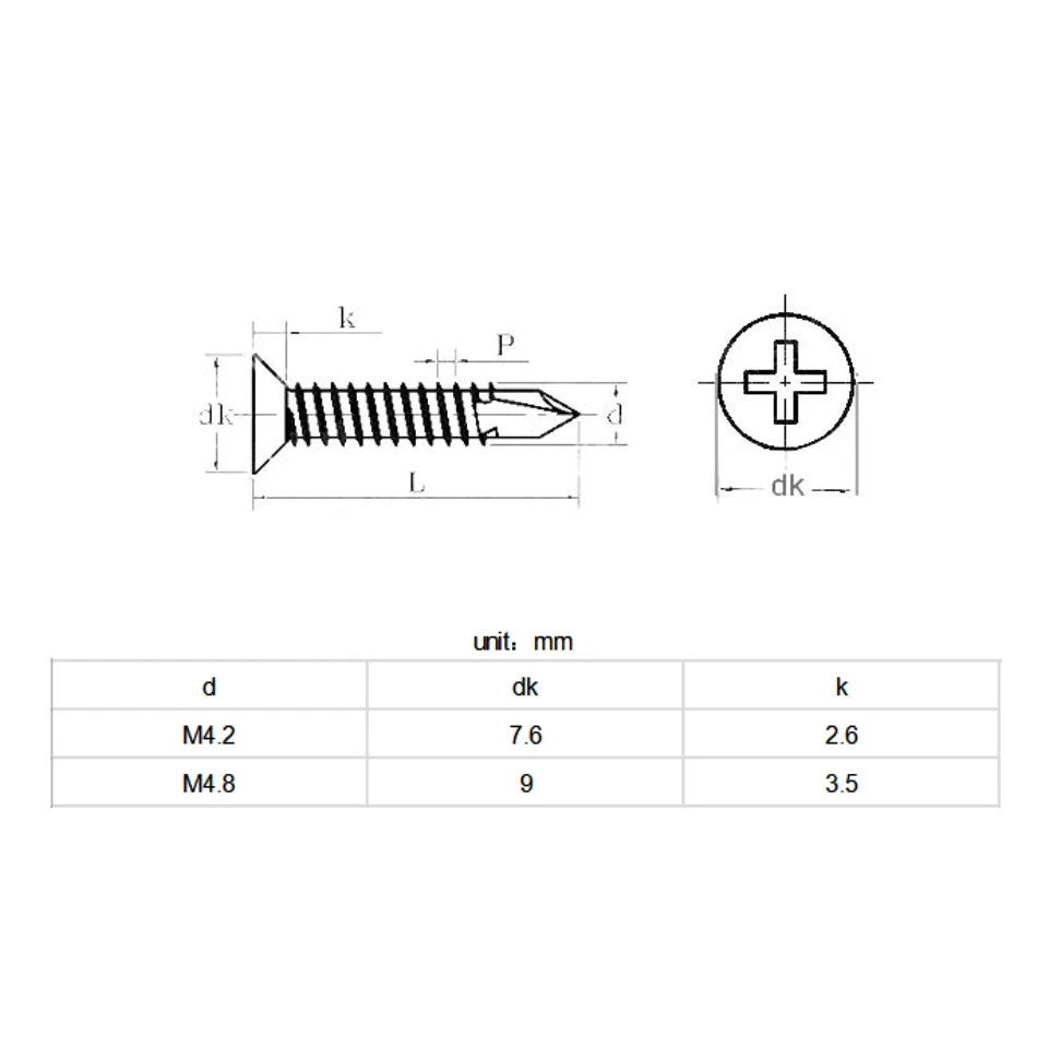 Phillips Countersunk Self Drilling Screws – M4.2 M4.8, 410 Stainless & Blue Zinc Plated Steel