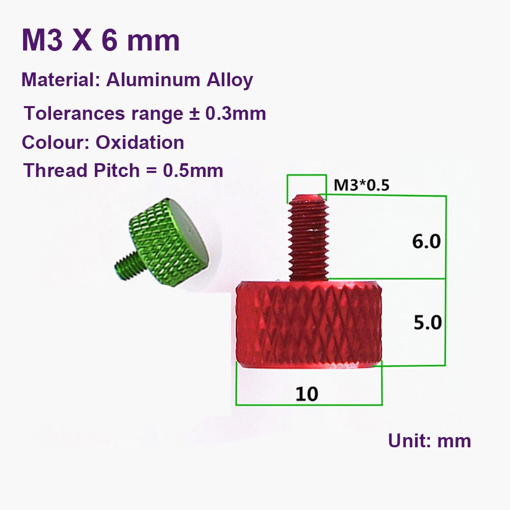 M3 Knurled Thumb Screws 6mm — Aluminum Alloy, Colorful Hand-Twist Grip Bolts