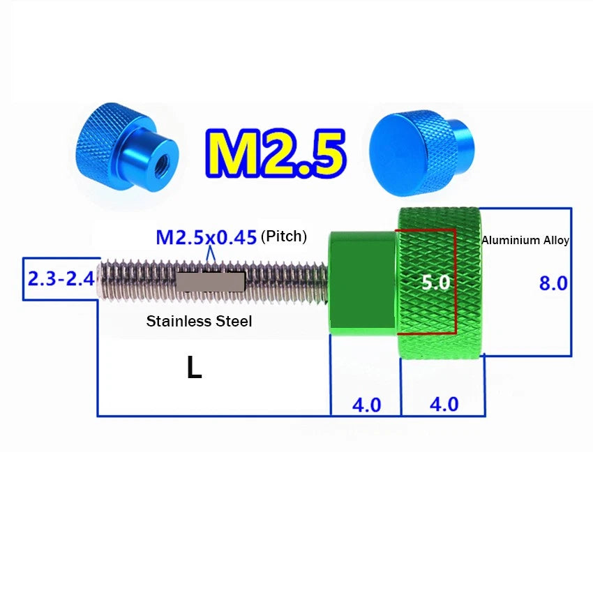 M2.5 Knurled Thumb Screws – Aluminium Alloy, 15–40mm, Multiple Colors