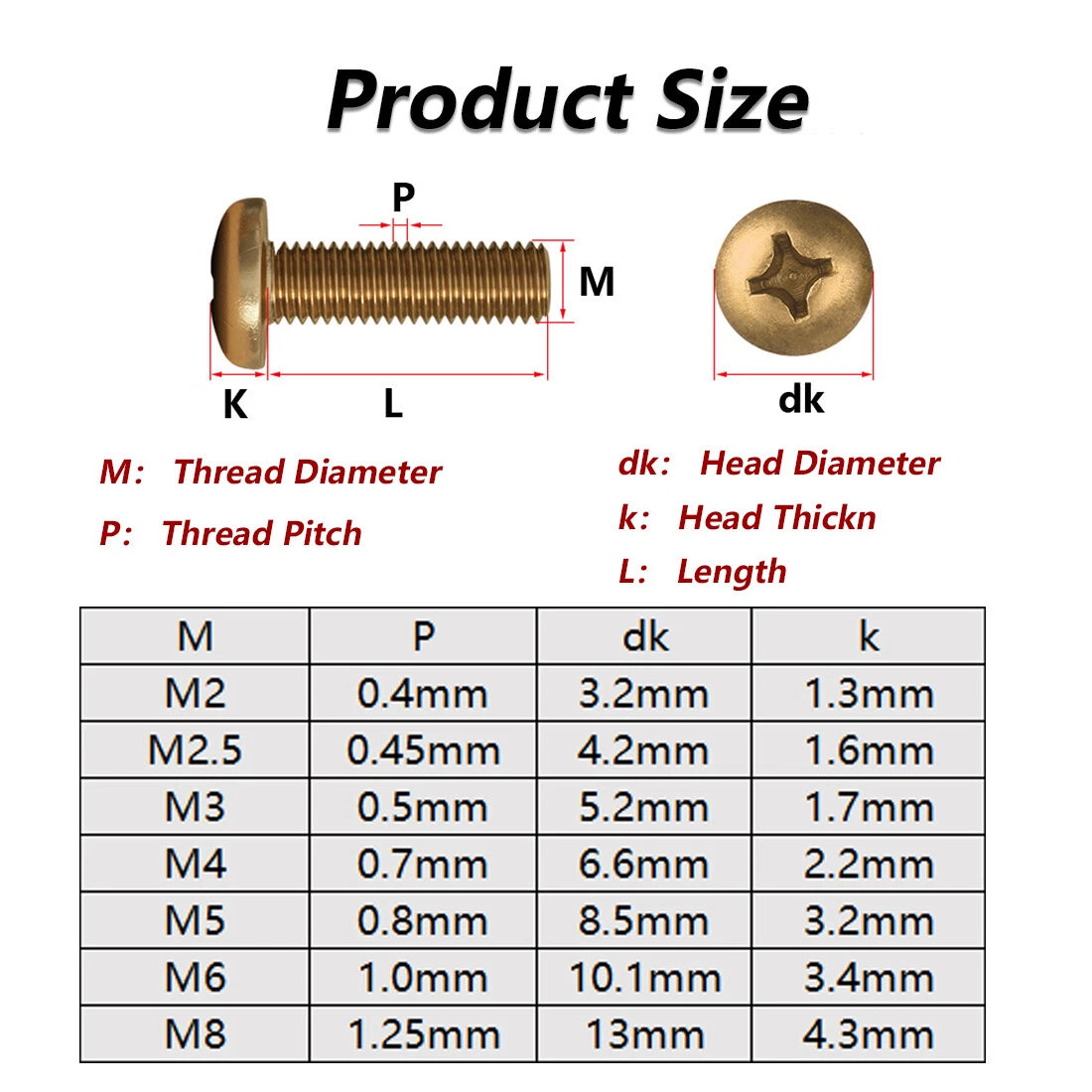 M3 M4 M5 M6 M8 Brass Phillips Pan Head Machine Screws with Hex Nuts & Washers