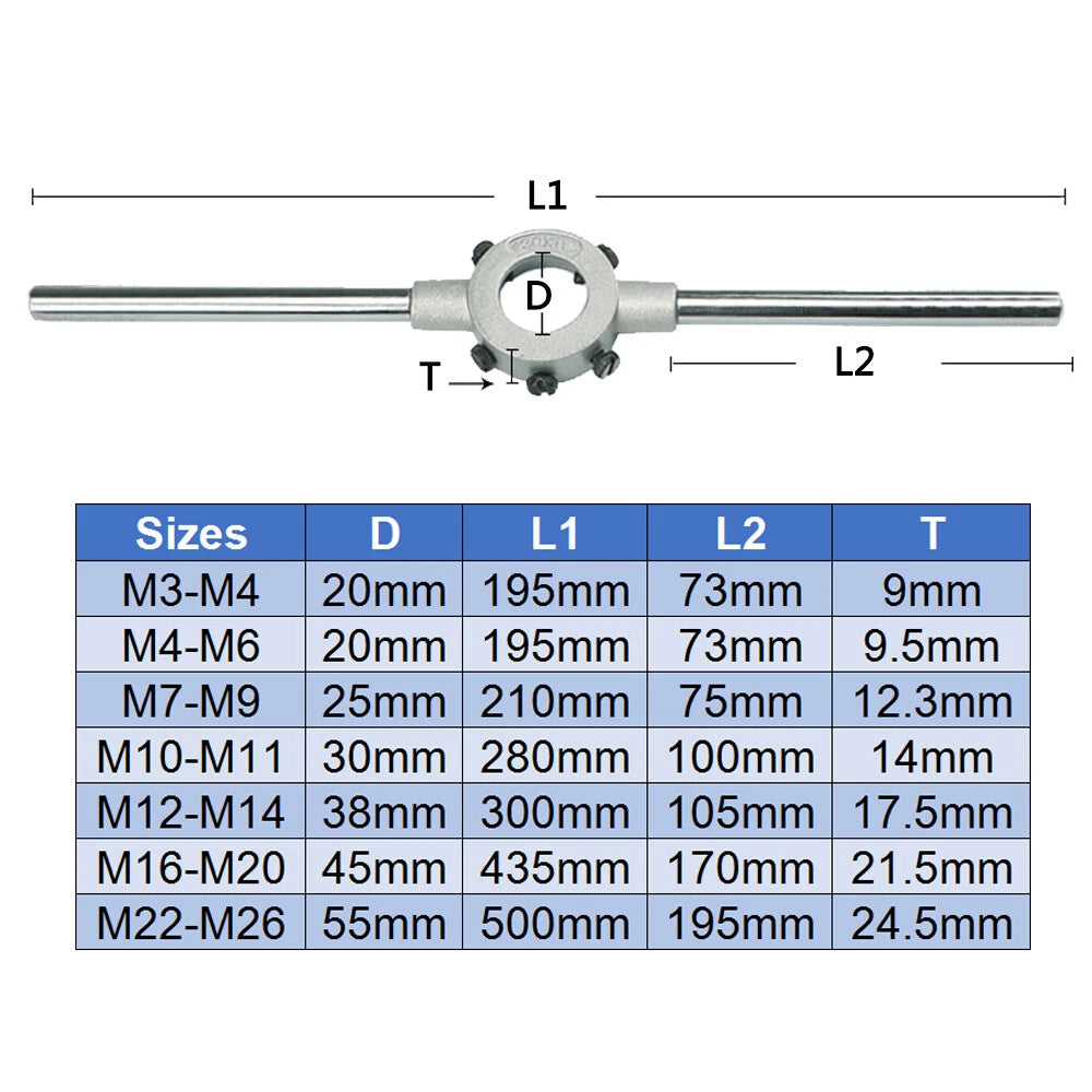 Die Stock Handle Wrench Holder M3 - M26 Metric 20mm - 55mm Dia Round Die Holder