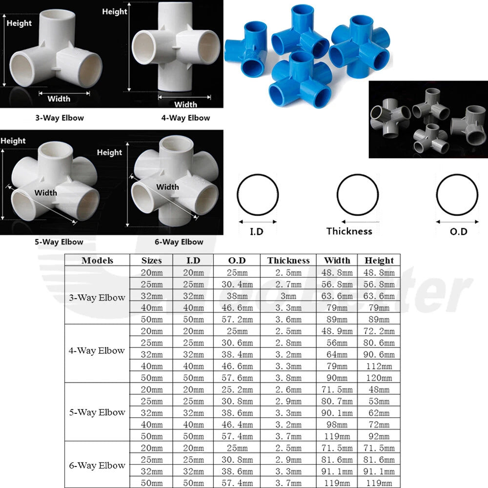 3 4 5 6-Way Elbow PVC Plastic Pipe Fittings Adhesive Connector 20 25 32 40 50mm