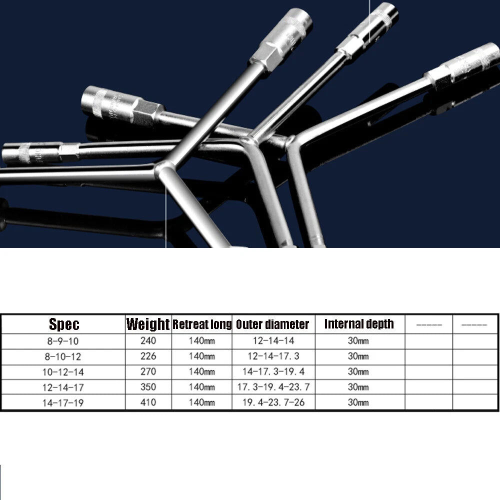 3-Way Wheel Brace Spanner Nut Wrench Car Tyre 8-19mm Hex Nut Bolt Socket Spanner