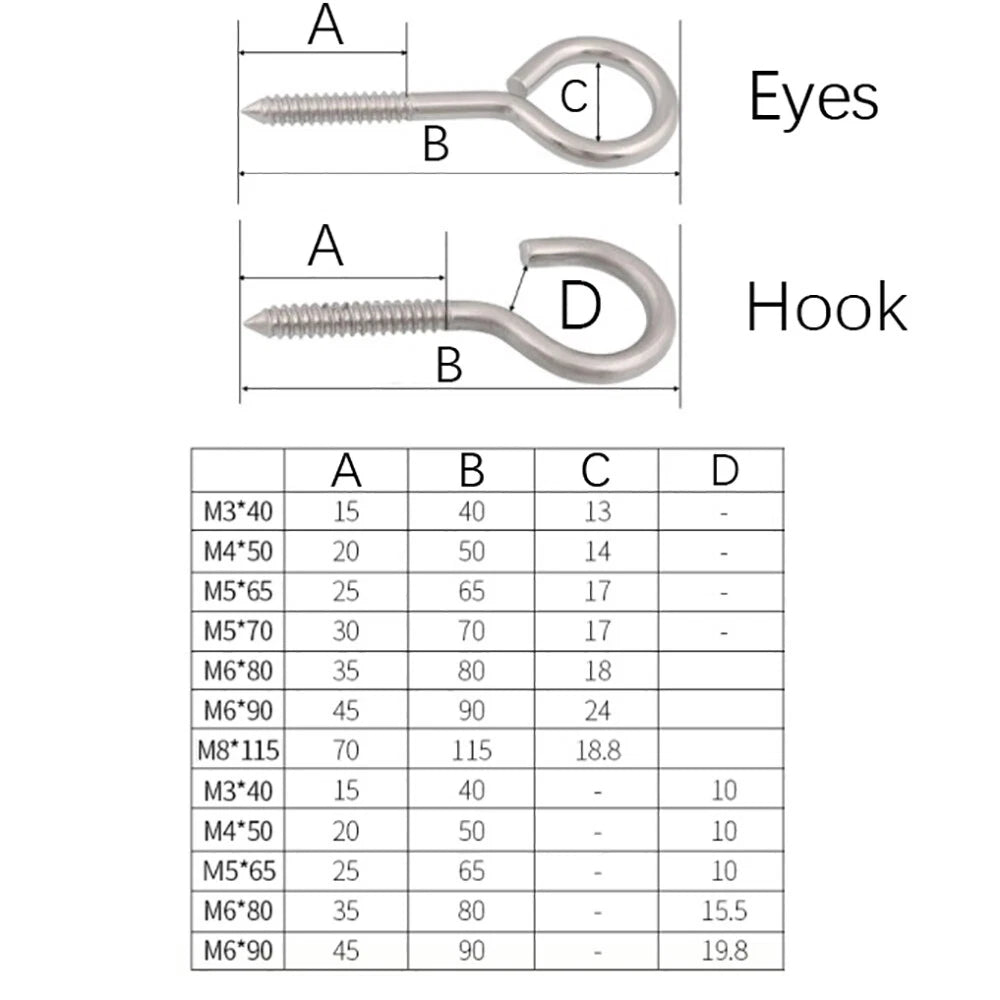 A2 Stainless Steel Screw Eyes and Hooks — Metric Wood Thread, M3 to M8
