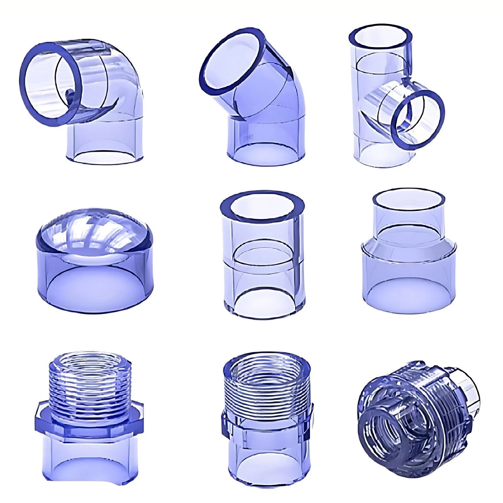 Clear PVC Fittings: Elbows,TEEs,Couplings,Caps,Unions,Ball Valves,Straight,Cross