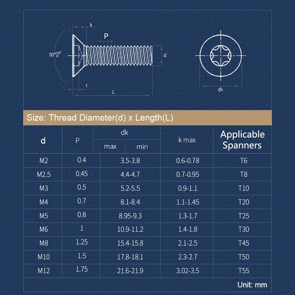 M3–M8 Pin Torx Countersunk Flat Head Machine Screws | A2 Stainless Steel - HomeDIYer
