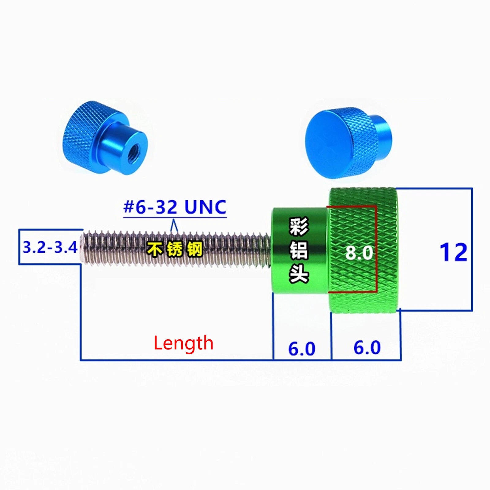 #6-32 UNC Knurled Thumb Screws — A2 Stainless Steel, Multi-Color, 22 Lengths