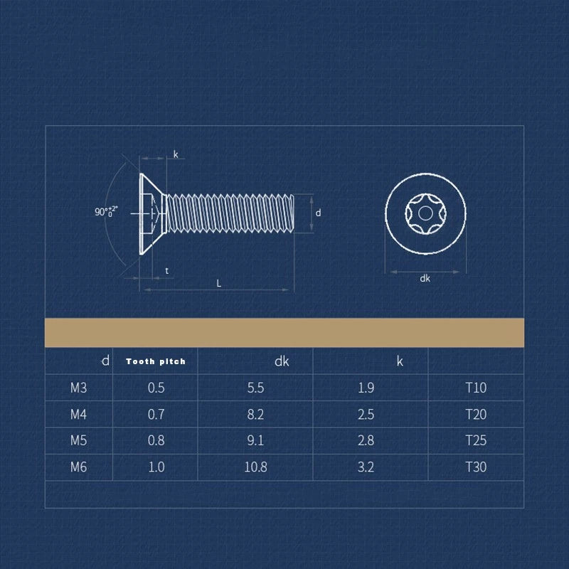 M3 M4 M5 M6 Countersunk Torx Machine Screws – A2 Stainless Steel, Fully Threaded (4–50mm Overall Length)
