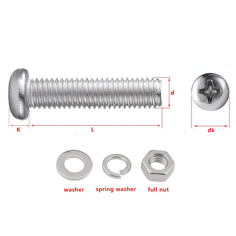 M2–M10 Phillips Pan Head Machine Screws with Nuts and Washers — A2 Stainless Steel