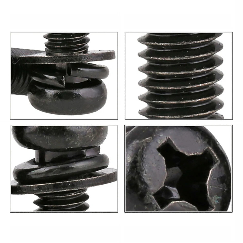Pozi Pan Head Screws with Flat & Spring Washers – M2 M2.5 M3 M4, Carbon Steel Black Zinc (Length Under Head)