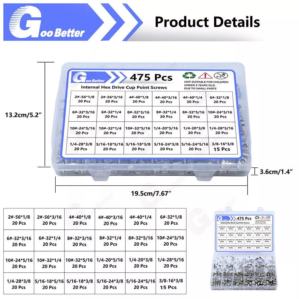 475Pcs UNC Cup Point Grub Screws Assortment Stainless Steel Hex Socket Set Screw - HomeDIYer