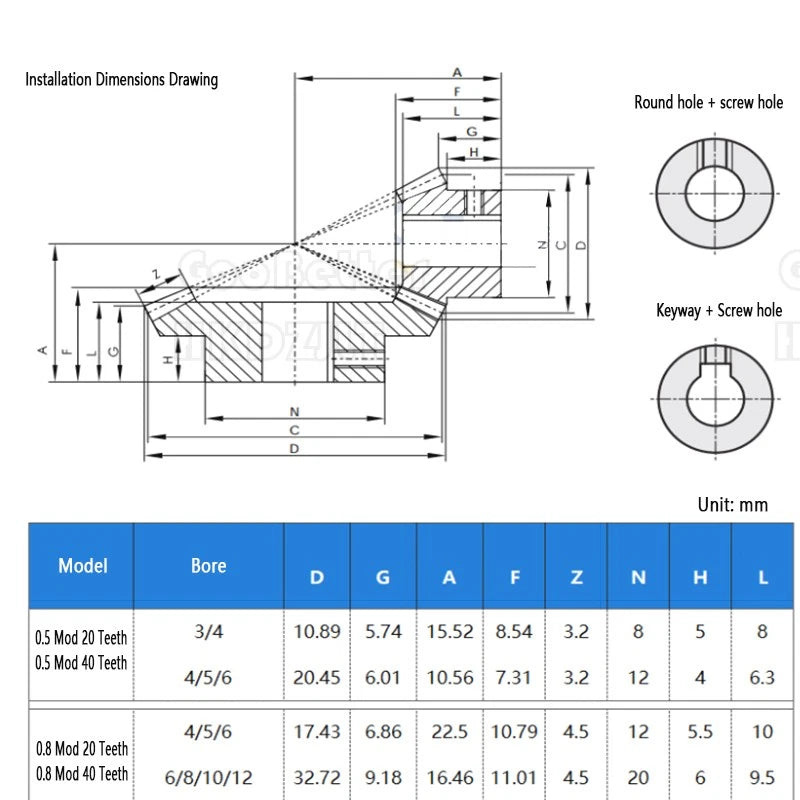 Bevel Gear 0.5 Module-0.8 Module 90° 1:2 Pairing 20-40 Teeth Stainless Steel