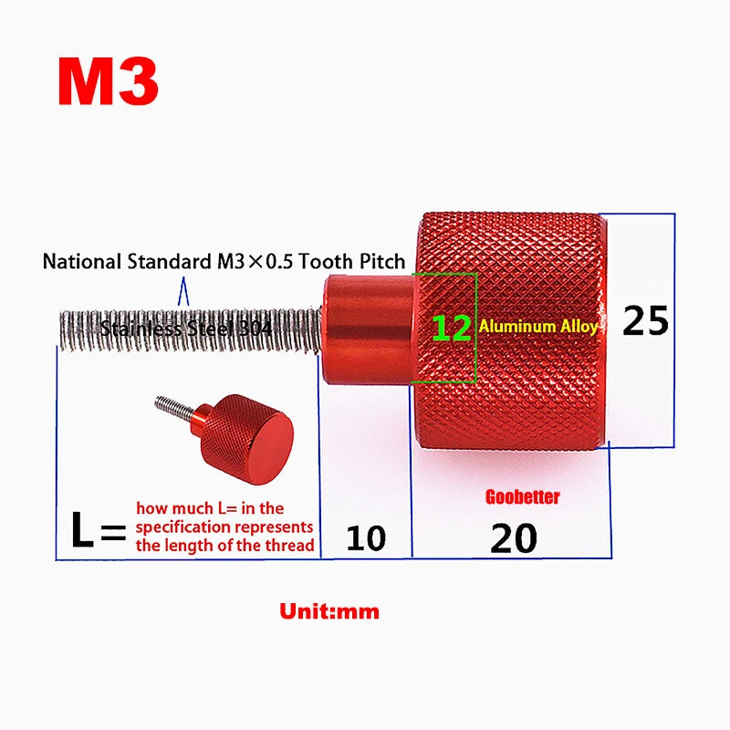 M3 Knurled Thumb Screws – Aluminium & Stainless Steel Hand Grip Knob Bolts | Black & Red