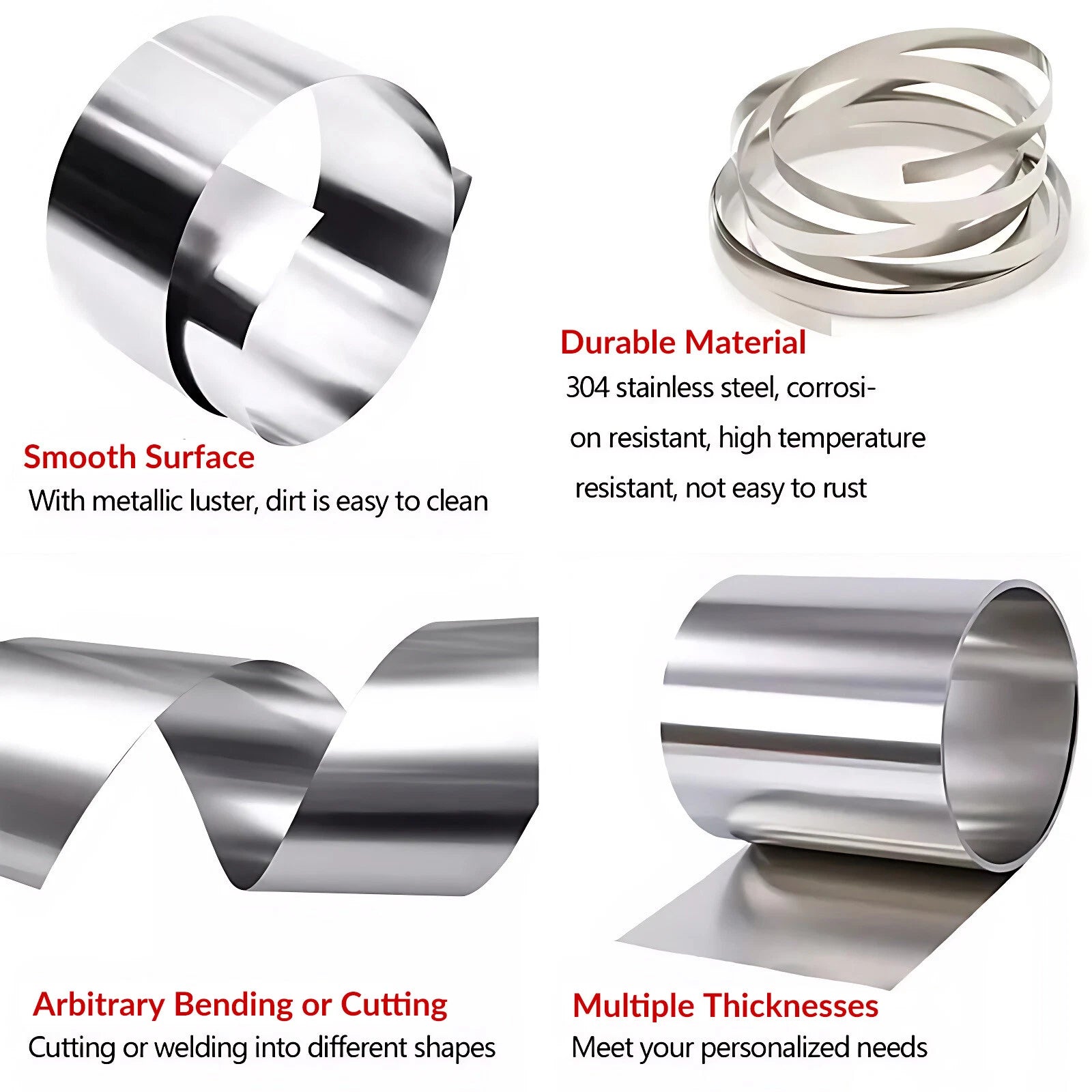 304 Stainless Steel Thin Plate Band Foil Sheet 0.05mm - 0.5mm Metal Strip Roll