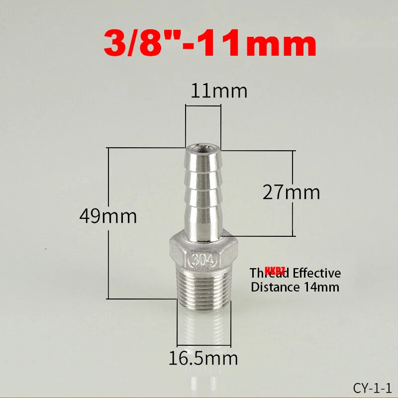304 Stainless Steel Male Thread Barb Hose Tail Connector | 1/8" to 3/8" NPT