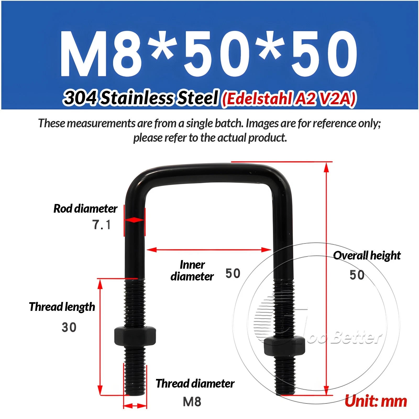 M6 M8 M10 Square U-Bolts Black 304 Stainless Steel with Nuts For Boat Trailer