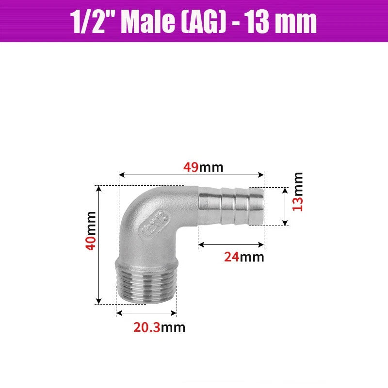 BSP Male Elbow Barbed Hose Connector — Stainless Steel, 1/8" to 1/2", 6–16mm