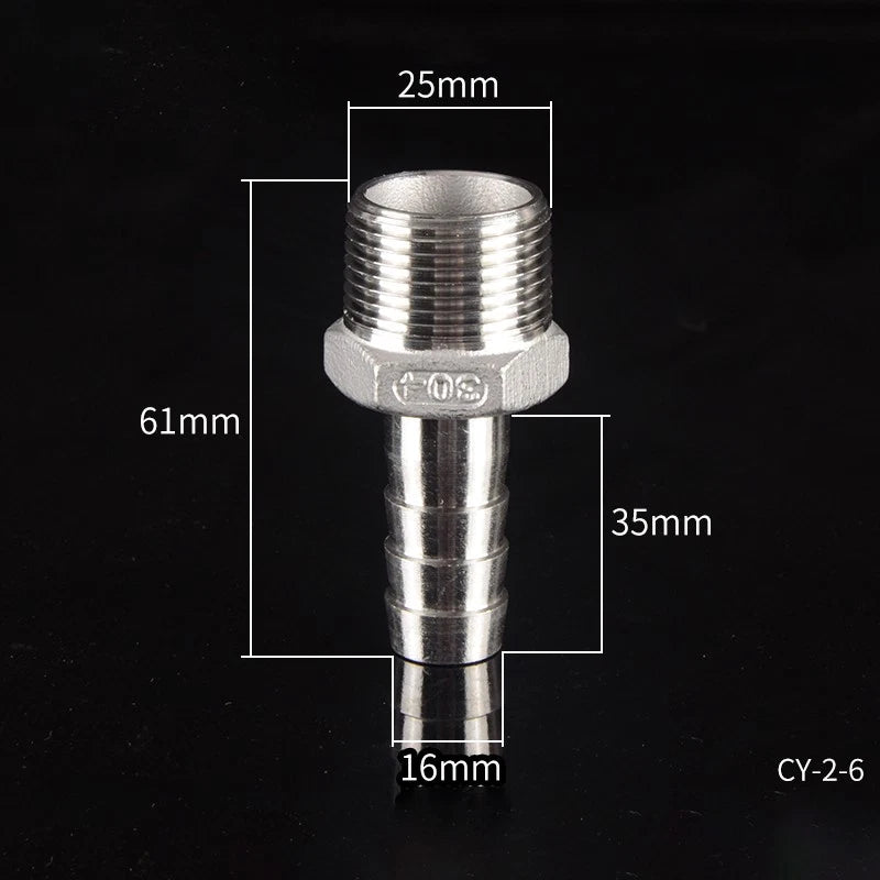 1/2" & 3/4" BSP Male Thread Hose Barb Tail Connector — Stainless Steel