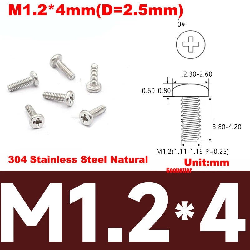 Phillips Pan Head Machine Screws M0.8 M1 M1.2 M1.4 M1.6 M1.7 — Cross Round Head Bolts, Multiple Coatings - HomeDIYer
