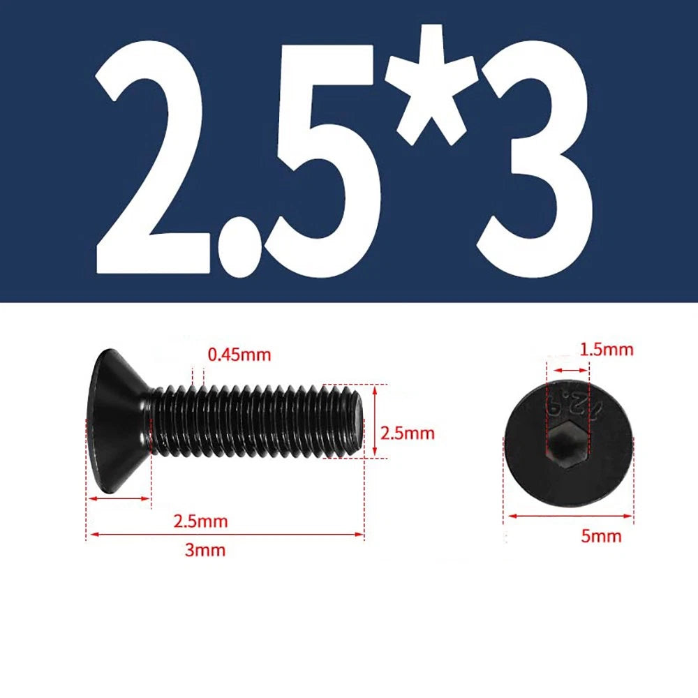 M1.6–M3 Countersunk Socket Head Screws – 12.9 Grade Carbon Steel, Flat Head, Fully Threaded (3–50mm Overall Length)