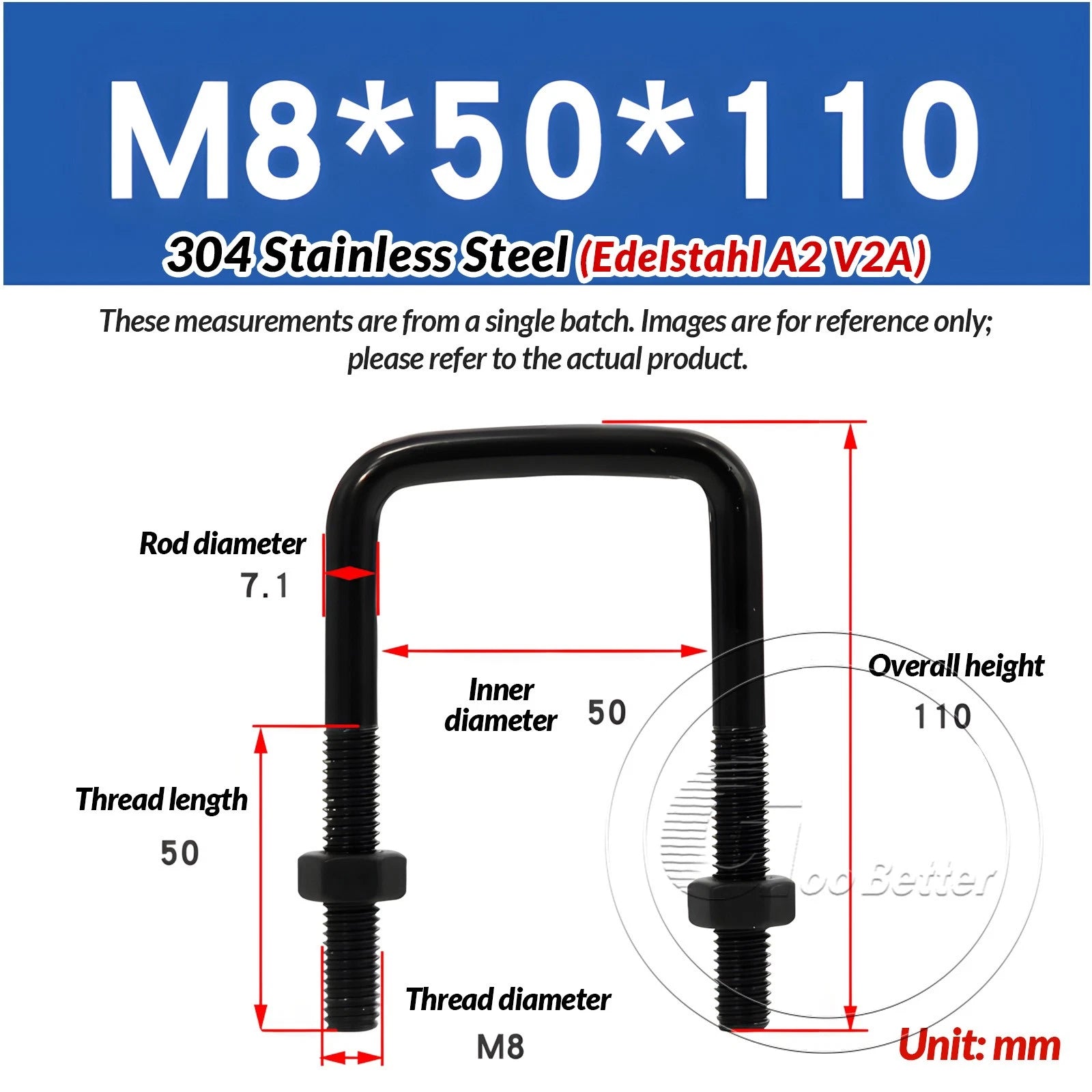 M6 M8 M10 Square U-Bolts Black 304 Stainless Steel with Nuts For Boat Trailer