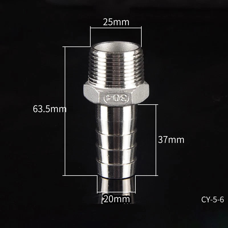 1/2" & 3/4" BSP Male Thread Hose Barb Tail Connector — Stainless Steel