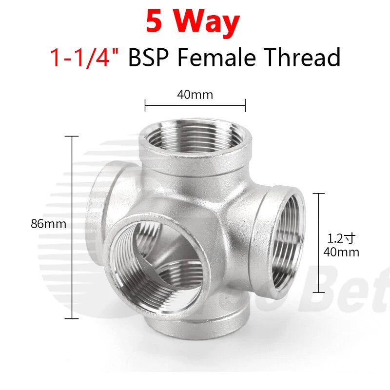 BSP Female Stainless Steel Pipe Fitting — 3/4/5-Way Adapter, 1/4" to 2"