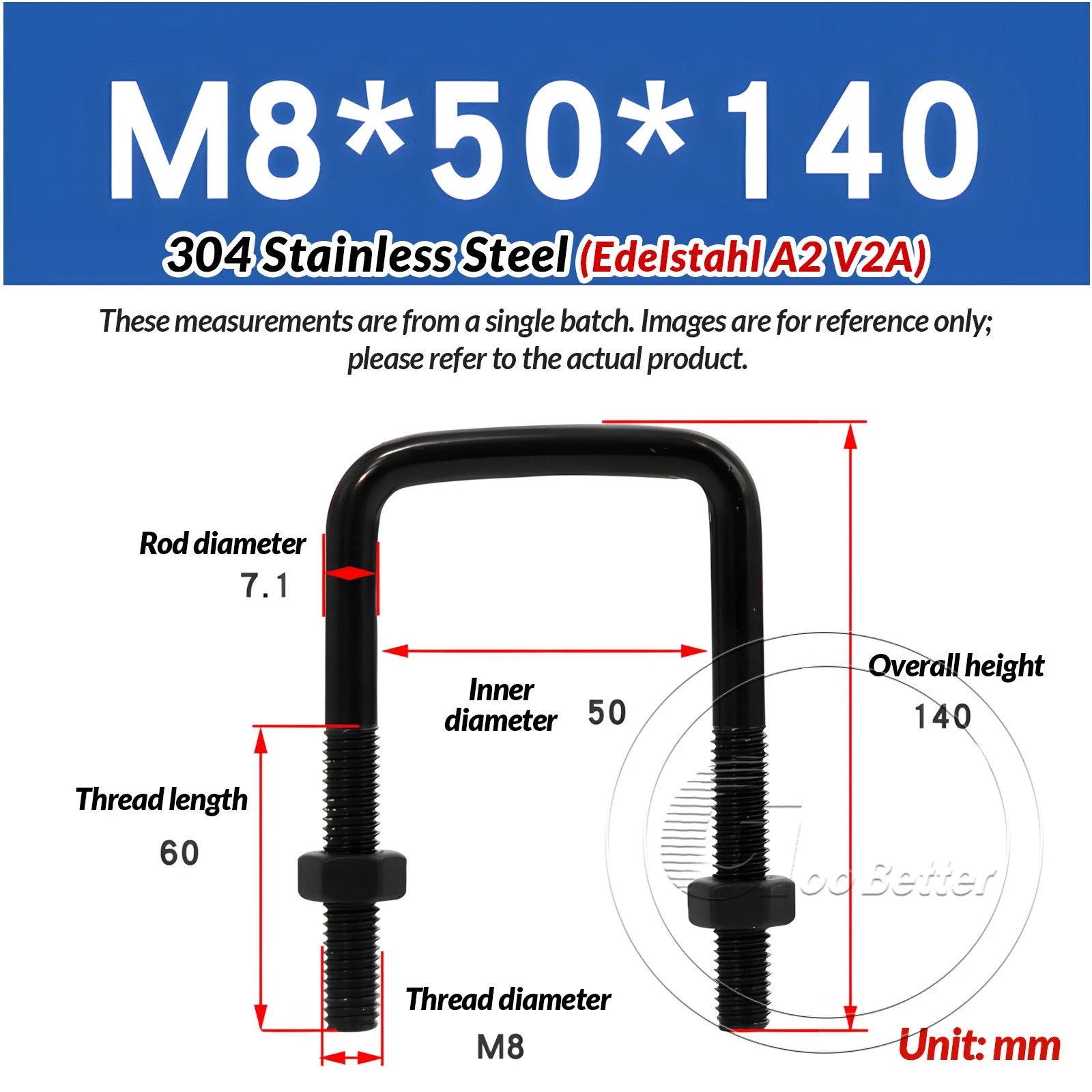 M6 M8 M10 Square U-Bolts Black 304 Stainless Steel with Nuts For Boat Trailer