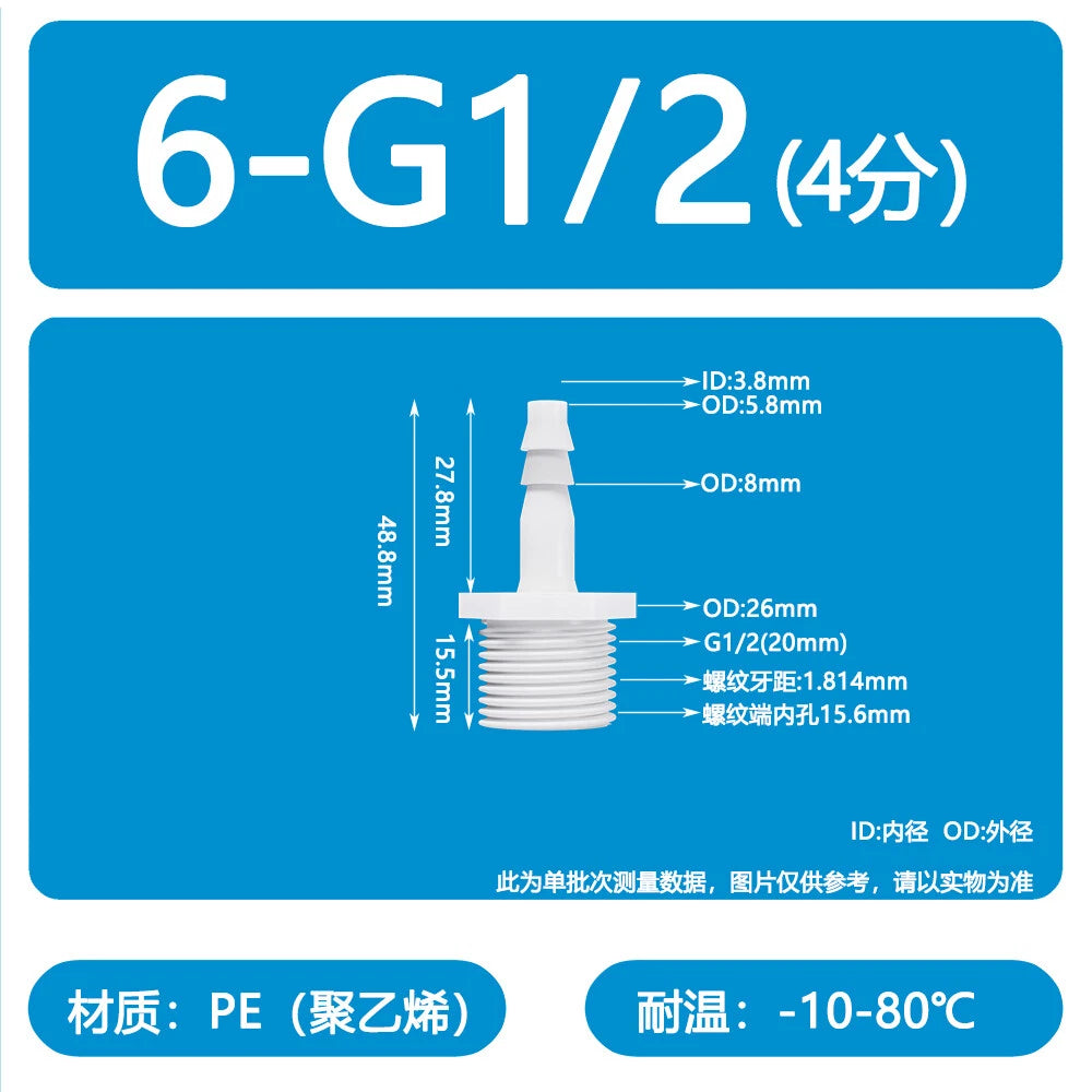 Male Thread Barbed Hose Connector — Plastic Straight Pipe Fitting (BSP, G1/8 to G3/4)