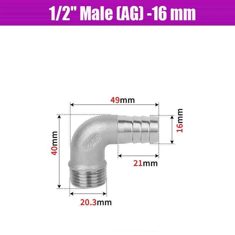 BSP Male Elbow Barbed Hose Connector — Stainless Steel, 1/8" to 1/2", 6–16mm