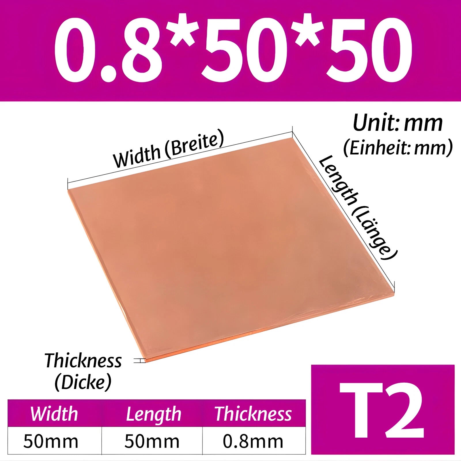 T2 Pure Copper Sheet/Plate Copper Block Laser Cut Many Sizes 0.3mm - 8mm Thick