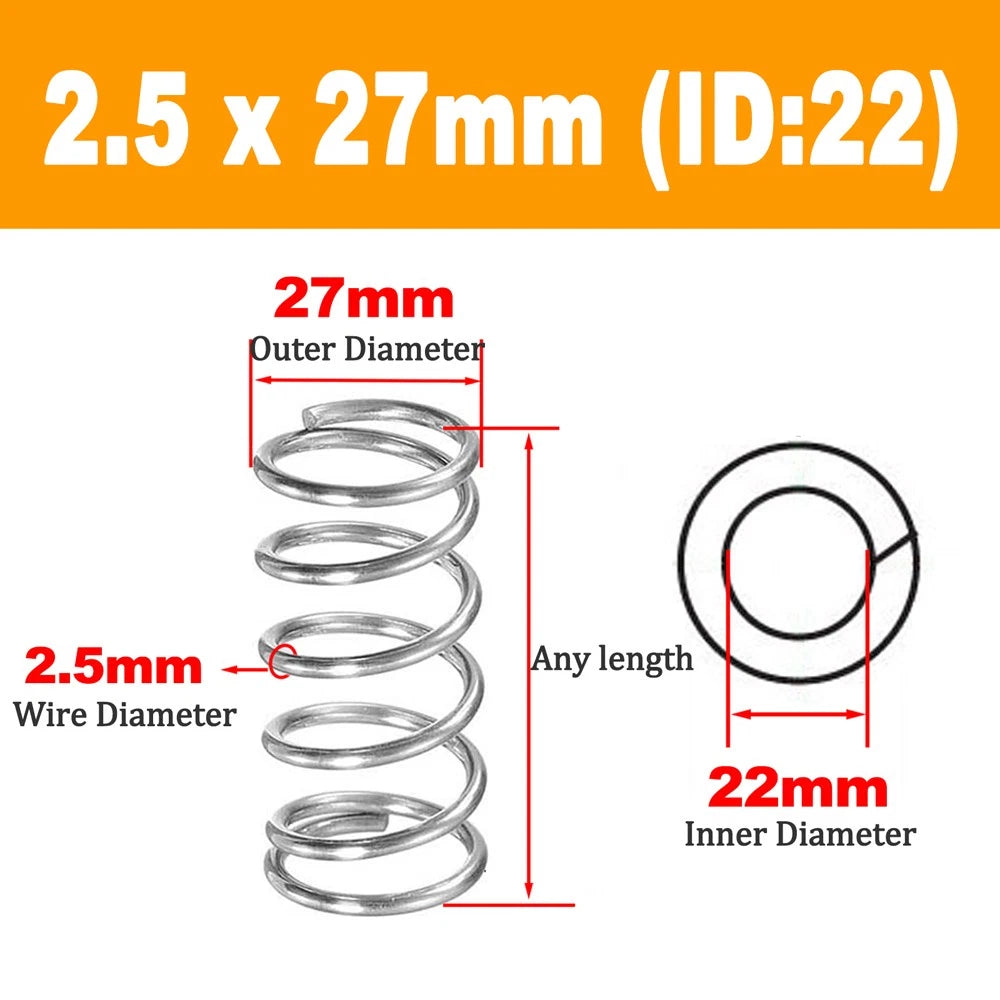 304 Stainless Steel Compression Spring Wire Dia 2.5mm, L 20-100mm, OD 12-36mm
