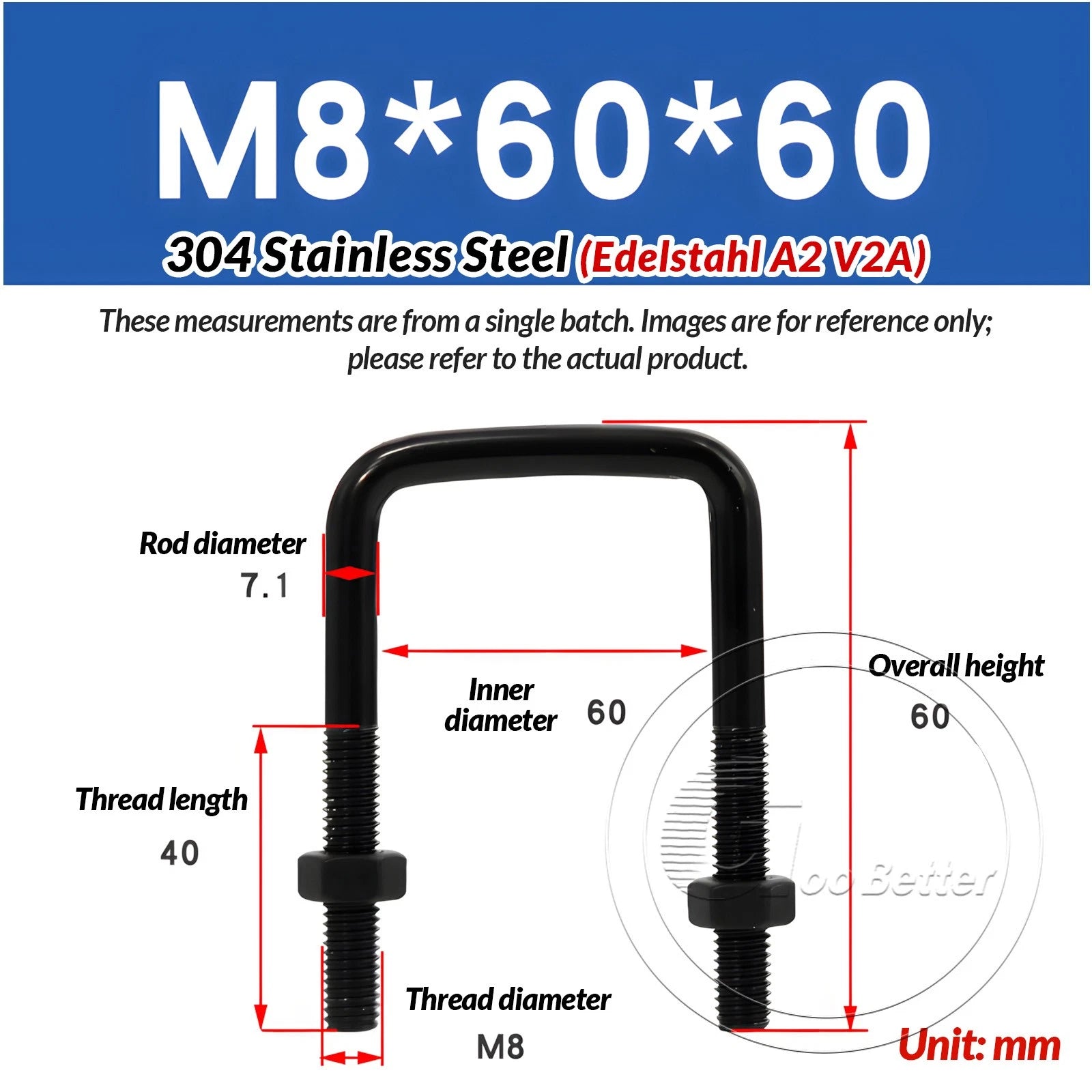 M6 M8 M10 Square U-Bolts Black 304 Stainless Steel with Nuts For Boat Trailer